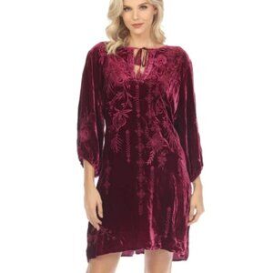 Johnny Was Azure Velvet Burgundy Red Floral Embroidered Relaxed Fit Dress XL